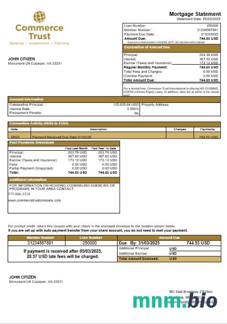 USA Commerce Trust Bank wyciąg z kredytu hipotecznego w formatach Word i PDF
